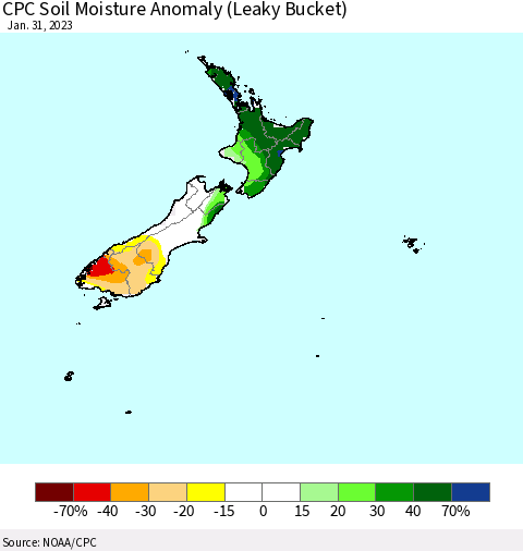 New Zealand CPC Soil Moisture Anomaly (Leaky Bucket) Thematic Map For 1/26/2023 - 1/31/2023