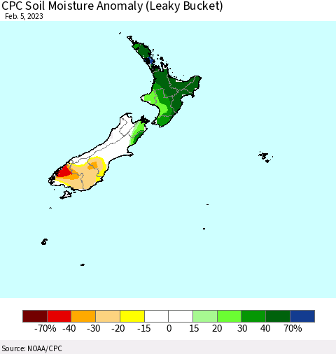 New Zealand CPC Soil Moisture Anomaly (Leaky Bucket) Thematic Map For 2/1/2023 - 2/5/2023