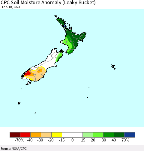 New Zealand CPC Soil Moisture Anomaly (Leaky Bucket) Thematic Map For 2/6/2023 - 2/10/2023