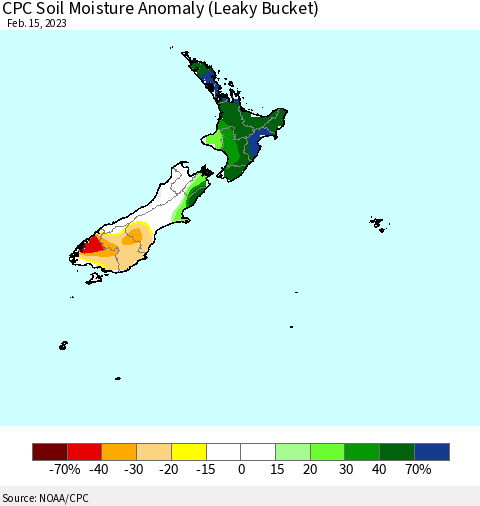 New Zealand CPC Soil Moisture Anomaly (Leaky Bucket) Thematic Map For 2/11/2023 - 2/15/2023