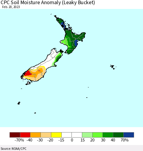 New Zealand CPC Soil Moisture Anomaly (Leaky Bucket) Thematic Map For 2/16/2023 - 2/20/2023