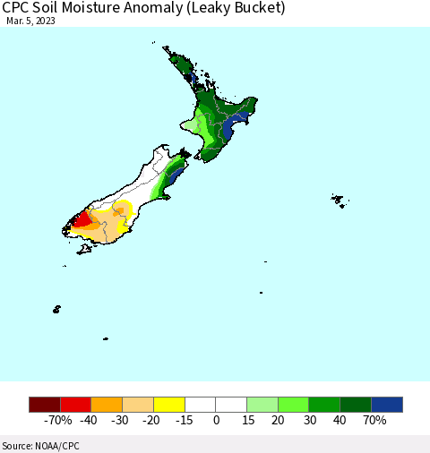 New Zealand CPC Soil Moisture Anomaly (Leaky Bucket) Thematic Map For 3/1/2023 - 3/5/2023