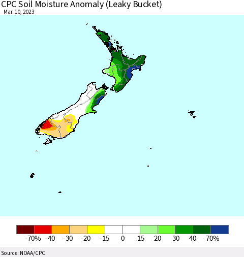 New Zealand CPC Soil Moisture Anomaly (Leaky Bucket) Thematic Map For 3/6/2023 - 3/10/2023