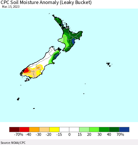 New Zealand CPC Soil Moisture Anomaly (Leaky Bucket) Thematic Map For 3/11/2023 - 3/15/2023
