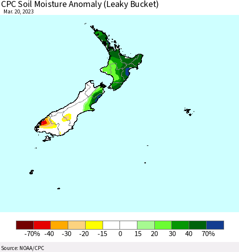 New Zealand CPC Soil Moisture Anomaly (Leaky Bucket) Thematic Map For 3/16/2023 - 3/20/2023