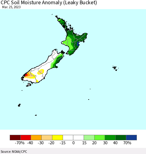 New Zealand CPC Soil Moisture Anomaly (Leaky Bucket) Thematic Map For 3/21/2023 - 3/25/2023