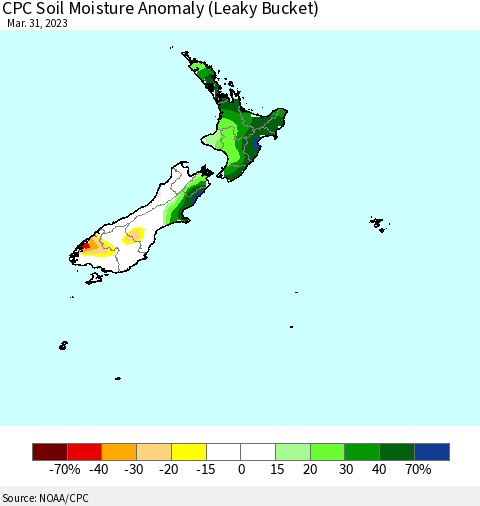 New Zealand CPC Soil Moisture Anomaly (Leaky Bucket) Thematic Map For 3/26/2023 - 3/31/2023