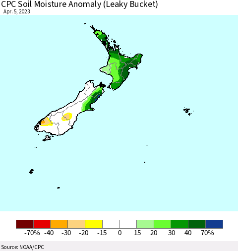 New Zealand CPC Soil Moisture Anomaly (Leaky Bucket) Thematic Map For 4/1/2023 - 4/5/2023