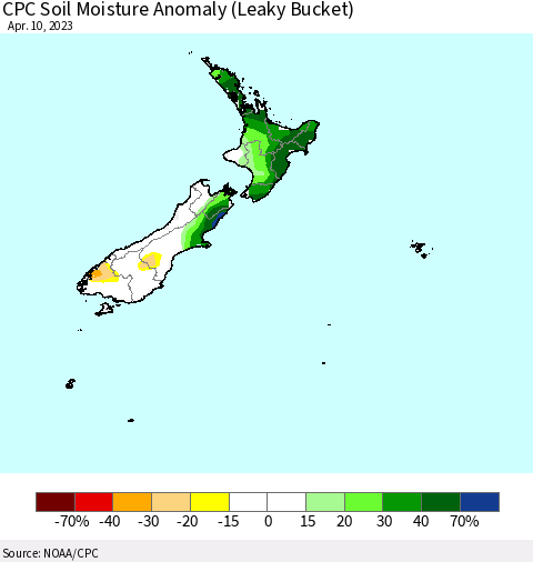 New Zealand CPC Soil Moisture Anomaly (Leaky Bucket) Thematic Map For 4/6/2023 - 4/10/2023