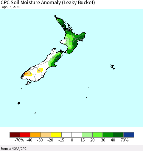 New Zealand CPC Soil Moisture Anomaly (Leaky Bucket) Thematic Map For 4/11/2023 - 4/15/2023