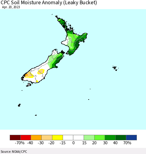 New Zealand CPC Soil Moisture Anomaly (Leaky Bucket) Thematic Map For 4/16/2023 - 4/20/2023