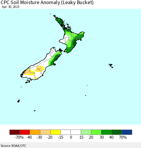 New Zealand CPC Soil Moisture Anomaly (Leaky Bucket) Thematic Map For 4/26/2023 - 4/30/2023