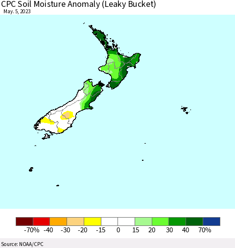 New Zealand CPC Soil Moisture Anomaly (Leaky Bucket) Thematic Map For 5/1/2023 - 5/5/2023