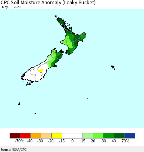 New Zealand CPC Soil Moisture Anomaly (Leaky Bucket) Thematic Map For 5/6/2023 - 5/10/2023