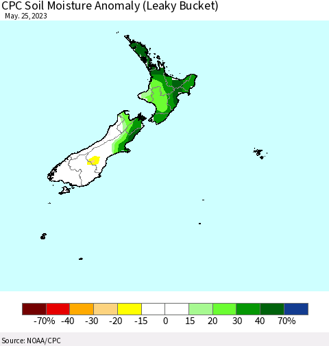 New Zealand CPC Soil Moisture Anomaly (Leaky Bucket) Thematic Map For 5/21/2023 - 5/25/2023