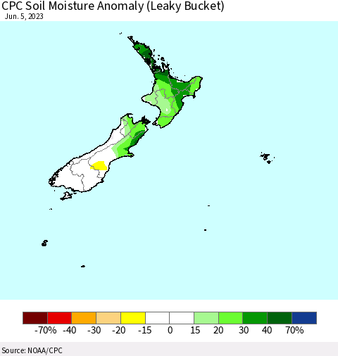 New Zealand CPC Soil Moisture Anomaly (Leaky Bucket) Thematic Map For 6/1/2023 - 6/5/2023