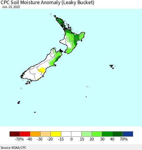 New Zealand CPC Soil Moisture Anomaly (Leaky Bucket) Thematic Map For 6/6/2023 - 6/10/2023