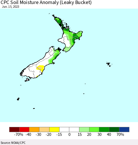 New Zealand CPC Soil Moisture Anomaly (Leaky Bucket) Thematic Map For 6/11/2023 - 6/15/2023