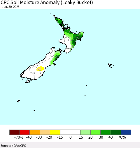New Zealand CPC Soil Moisture Anomaly (Leaky Bucket) Thematic Map For 6/26/2023 - 6/30/2023
