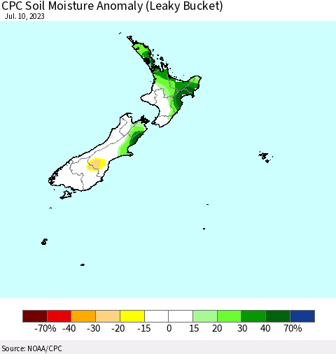 New Zealand CPC Soil Moisture Anomaly (Leaky Bucket) Thematic Map For 7/6/2023 - 7/10/2023