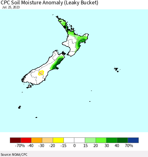 New Zealand CPC Soil Moisture Anomaly (Leaky Bucket) Thematic Map For 7/21/2023 - 7/25/2023