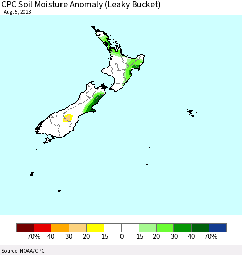 New Zealand CPC Soil Moisture Anomaly (Leaky Bucket) Thematic Map For 8/1/2023 - 8/5/2023