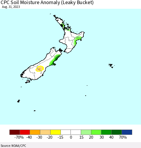New Zealand CPC Soil Moisture Anomaly (Leaky Bucket) Thematic Map For 8/26/2023 - 8/31/2023