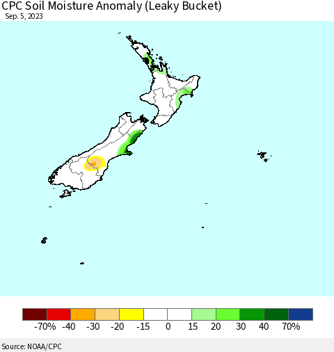 New Zealand CPC Soil Moisture Anomaly (Leaky Bucket) Thematic Map For 9/1/2023 - 9/5/2023