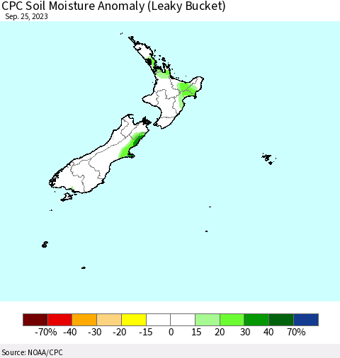New Zealand CPC Soil Moisture Anomaly (Leaky Bucket) Thematic Map For 9/21/2023 - 9/25/2023