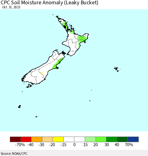 New Zealand CPC Soil Moisture Anomaly (Leaky Bucket) Thematic Map For 10/26/2023 - 10/31/2023