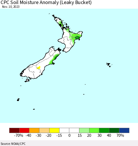 New Zealand CPC Soil Moisture Anomaly (Leaky Bucket) Thematic Map For 11/6/2023 - 11/10/2023