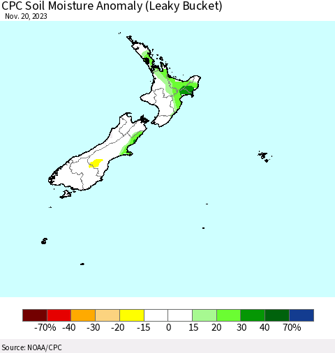 New Zealand CPC Soil Moisture Anomaly (Leaky Bucket) Thematic Map For 11/16/2023 - 11/20/2023