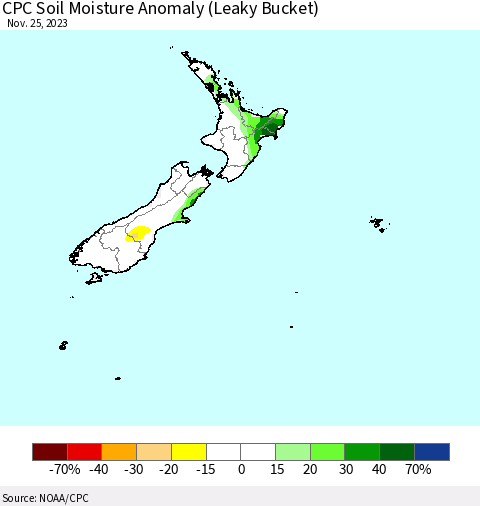 New Zealand CPC Soil Moisture Anomaly (Leaky Bucket) Thematic Map For 11/21/2023 - 11/25/2023