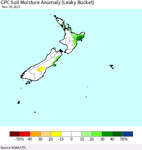 New Zealand CPC Soil Moisture Anomaly (Leaky Bucket) Thematic Map For 11/26/2023 - 11/30/2023
