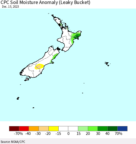 New Zealand CPC Soil Moisture Anomaly (Leaky Bucket) Thematic Map For 12/11/2023 - 12/15/2023