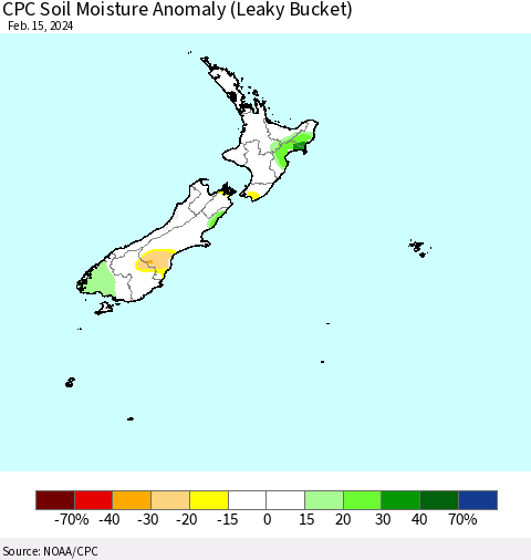 New Zealand CPC Soil Moisture Anomaly (Leaky Bucket) Thematic Map For 2/11/2024 - 2/15/2024