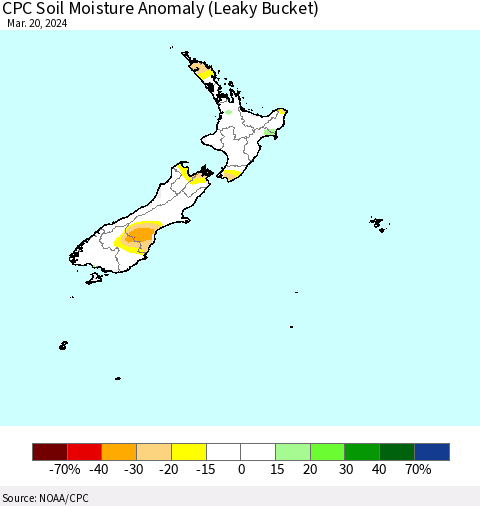 New Zealand CPC Soil Moisture Anomaly (Leaky Bucket) Thematic Map For 3/16/2024 - 3/20/2024
