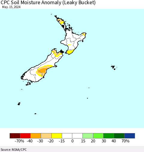 New Zealand CPC Soil Moisture Anomaly (Leaky Bucket) Thematic Map For 5/11/2024 - 5/15/2024