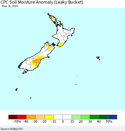 New Zealand CPC Soil Moisture Anomaly (Leaky Bucket) Thematic Map For 5/26/2024 - 5/31/2024