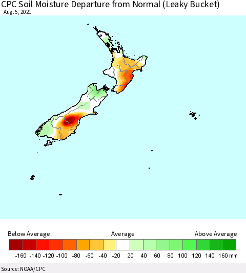 New Zealand CPC Soil Moisture Departure from Normal (Leaky Bucket) Thematic Map For 8/1/2021 - 8/5/2021