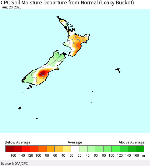 New Zealand CPC Soil Moisture Departure from Normal (Leaky Bucket) Thematic Map For 8/16/2021 - 8/20/2021