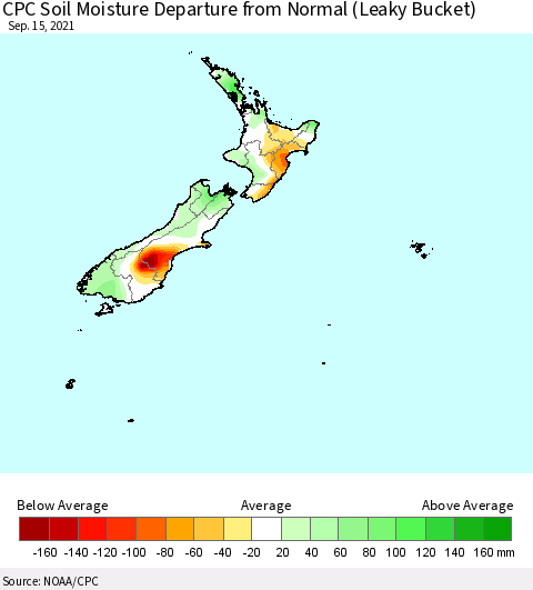 New Zealand CPC Soil Moisture Departure from Normal (Leaky Bucket) Thematic Map For 9/11/2021 - 9/15/2021
