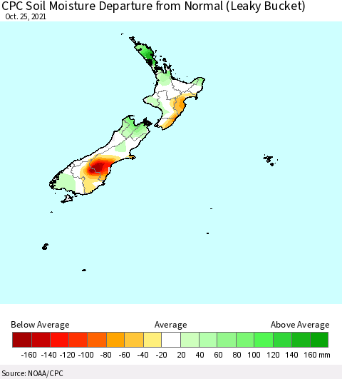 New Zealand CPC Soil Moisture Departure from Normal (Leaky Bucket) Thematic Map For 10/21/2021 - 10/25/2021