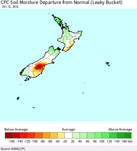 New Zealand CPC Soil Moisture Departure from Normal (Leaky Bucket) Thematic Map For 10/26/2021 - 10/31/2021