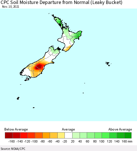 New Zealand CPC Soil Moisture Departure from Normal (Leaky Bucket) Thematic Map For 11/6/2021 - 11/10/2021