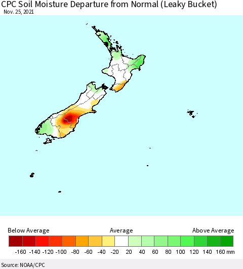 New Zealand CPC Soil Moisture Departure from Normal (Leaky Bucket) Thematic Map For 11/21/2021 - 11/25/2021