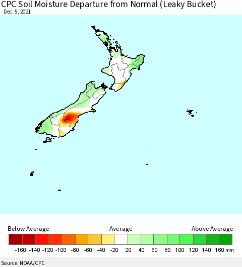 New Zealand CPC Soil Moisture Departure from Normal (Leaky Bucket) Thematic Map For 12/1/2021 - 12/5/2021