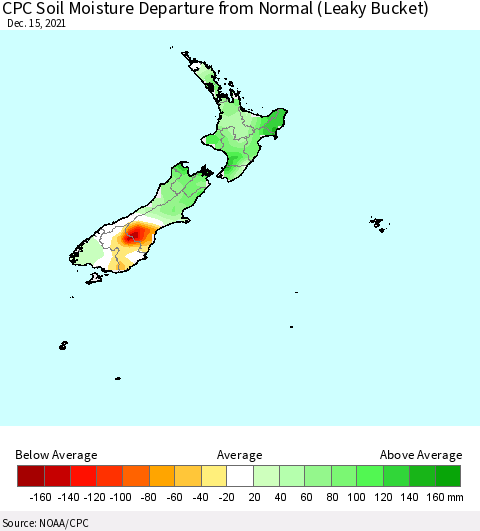 New Zealand CPC Soil Moisture Departure from Normal (Leaky Bucket) Thematic Map For 12/11/2021 - 12/15/2021