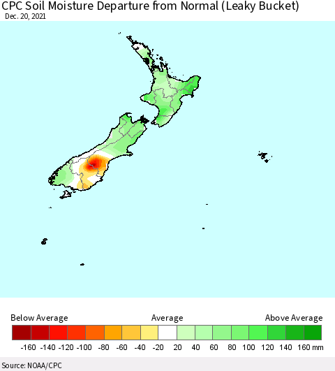 New Zealand CPC Soil Moisture Departure from Normal (Leaky Bucket) Thematic Map For 12/16/2021 - 12/20/2021