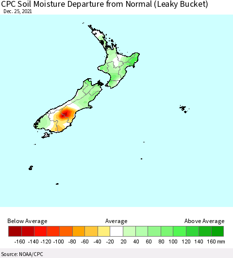 New Zealand CPC Soil Moisture Departure from Normal (Leaky Bucket) Thematic Map For 12/21/2021 - 12/25/2021
